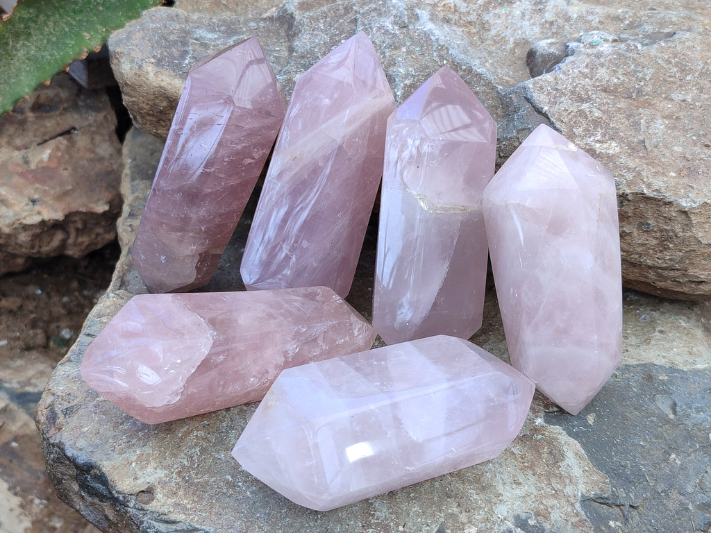 Polished Double Terminated Rose Quartz Points x 6 From Ambatondrazaka, Madagascar - Toprock Gemstones and Minerals 