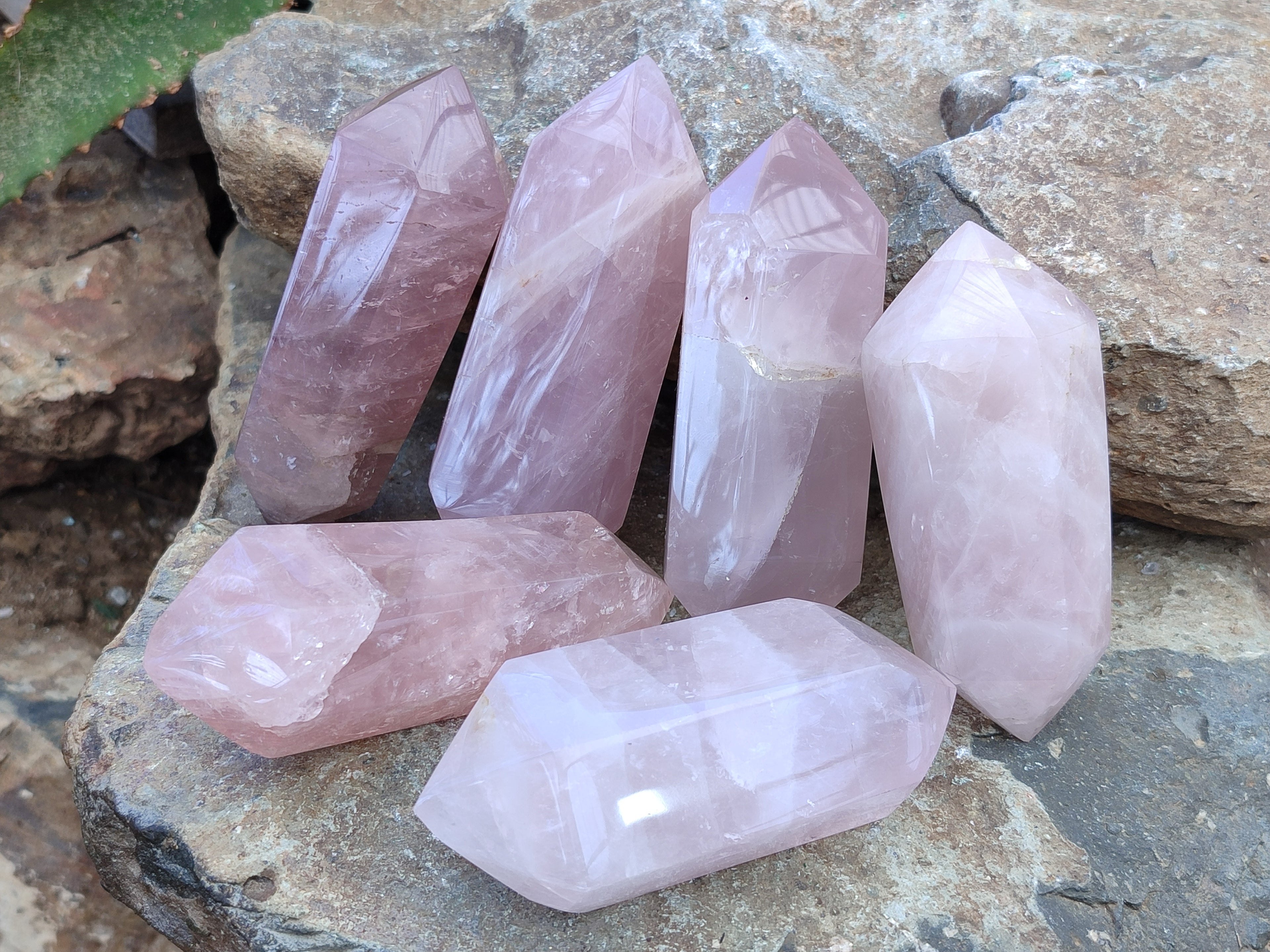 Polished Double Terminated Rose Quartz Points x 6 From Ambatondrazaka, Madagascar - Toprock Gemstones and Minerals 