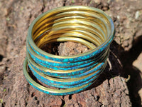 Hand Made Chrysocolla and Malachite Conglomerate Brass Bangles - Sold per Item - From Congo