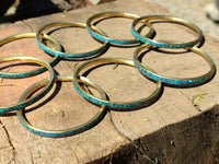 Hand Made Chrysocolla and Malachite Conglomerate Brass Bangles - Sold per Item - From Congo