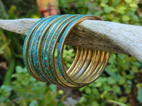 Hand Made Chrysocolla and Malachite Conglomerate Brass Bangles - Sold per Item - From Congo