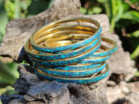 Hand Made Chrysocolla and Malachite Conglomerate Brass Bangles - Sold per Item - From Congo