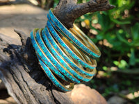 Hand Made Chrysocolla and Malachite Conglomerate Brass Bangles - Sold per Item - From Congo