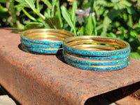 Hand Made Chrysocolla and Malachite Conglomerate Brass Bangles - Sold per Item - From Congo