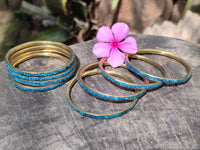 Hand Made Chrysocolla and Malachite Conglomerate Brass Bangles - Sold per Item - From Congo