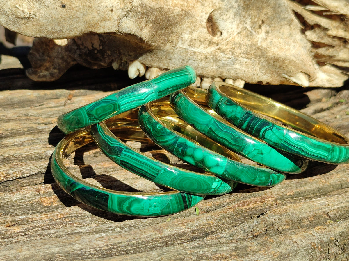 Hand Made Malachite Bangles set in Brass Bases - Sold per piece - From Congo - Toprock Gemstones and Minerals 