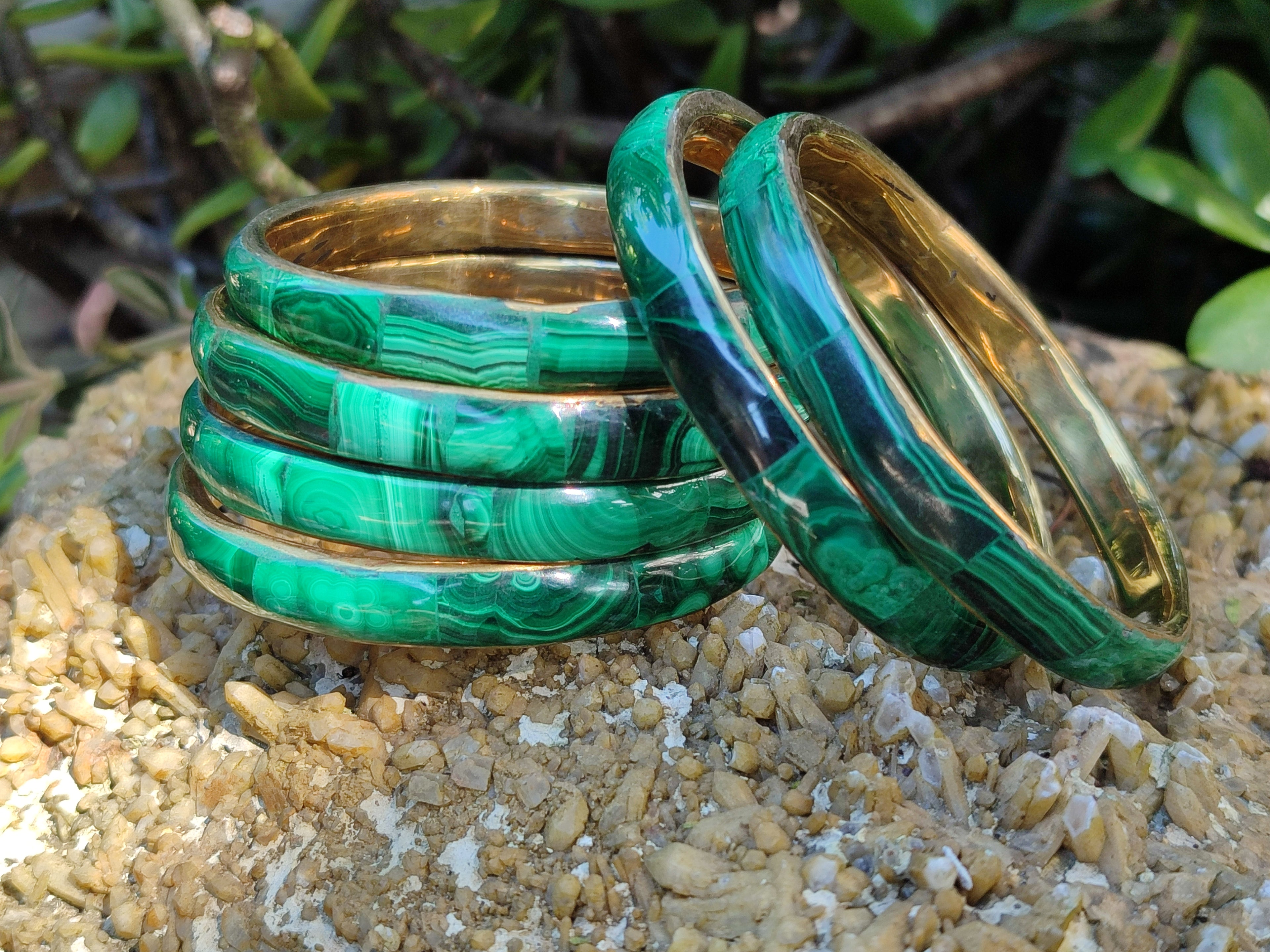 Hand Made Malachite Bangles set in Brass Bases - Sold per piece - From Congo - Toprock Gemstones and Minerals 