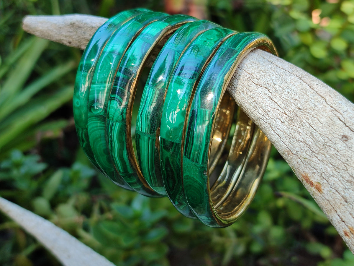 Hand Made Malachite Bangles set in Brass Bases - Sold per piece - From Congo - Toprock Gemstones and Minerals 