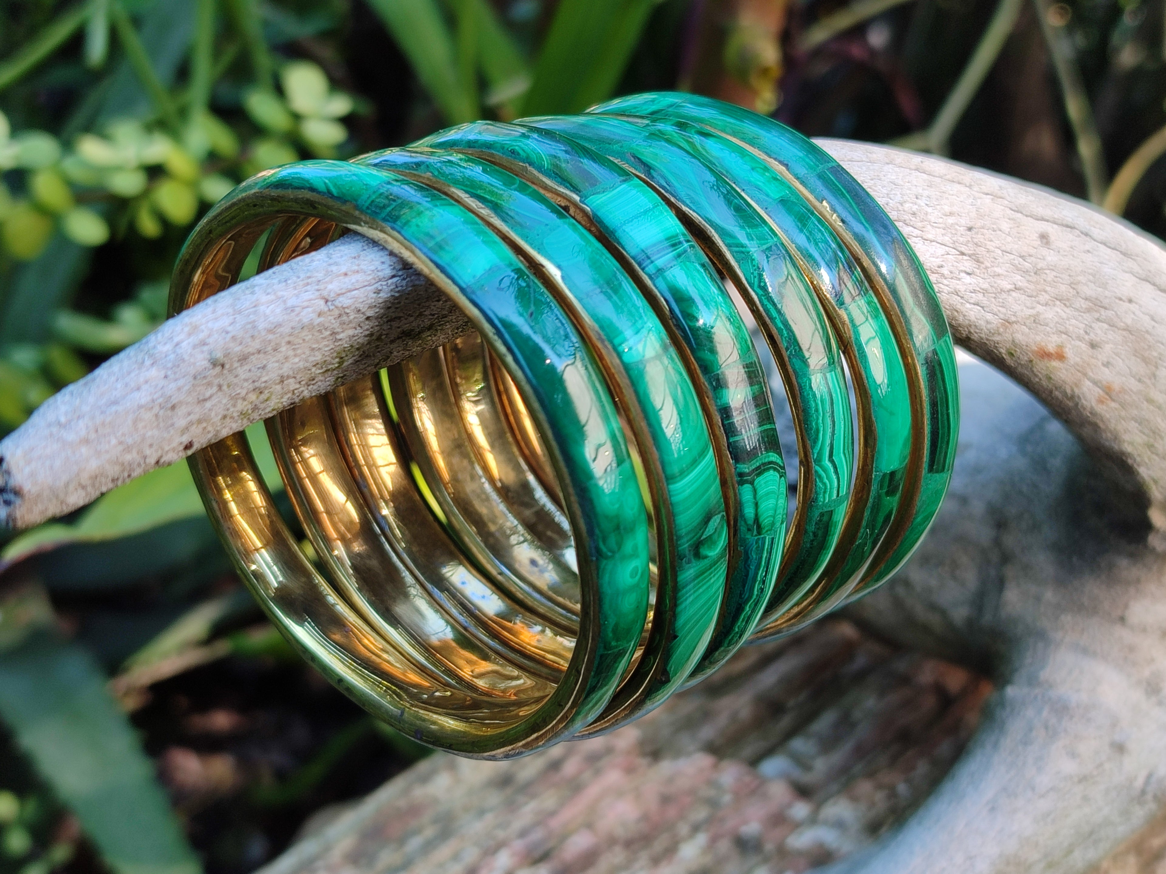 Hand Made Malachite Bangles set in Brass Bases - Sold per piece - From Congo - Toprock Gemstones and Minerals 