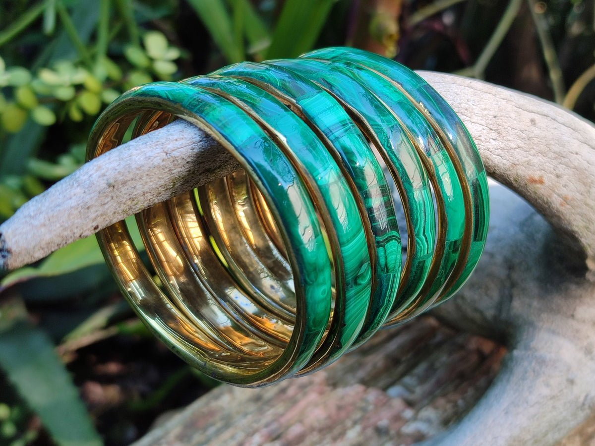 Hand Made Malachite Bangles set in Brass Bases - Sold per piece - From Congo - Toprock Gemstones and Minerals 