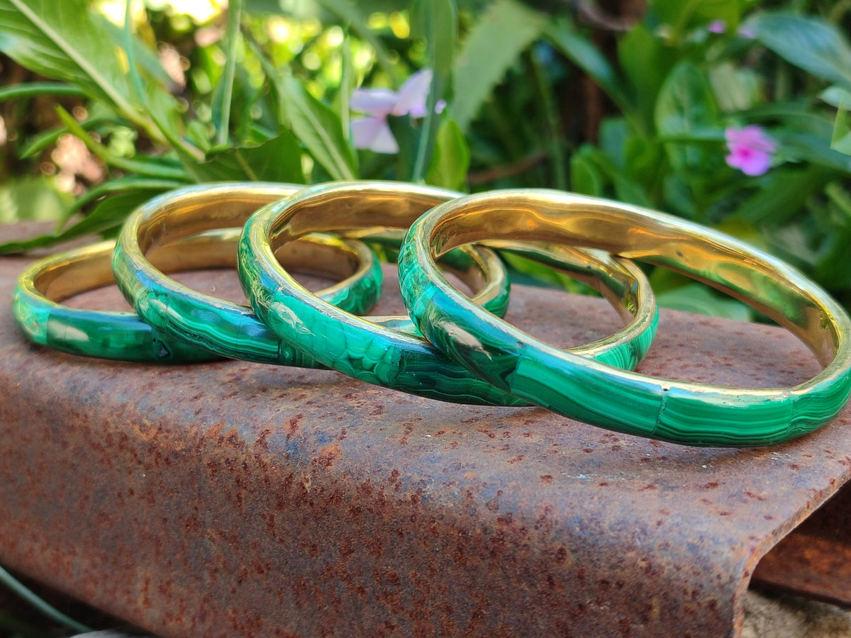 Hand Made Malachite Bangles set in Brass Bases - Sold per piece - From Congo - Toprock Gemstones and Minerals 
