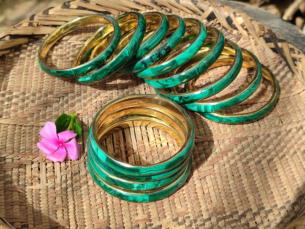 Hand Made Malachite Bangles set in Brass Bases - Sold per piece - From Congo - Toprock Gemstones and Minerals 
