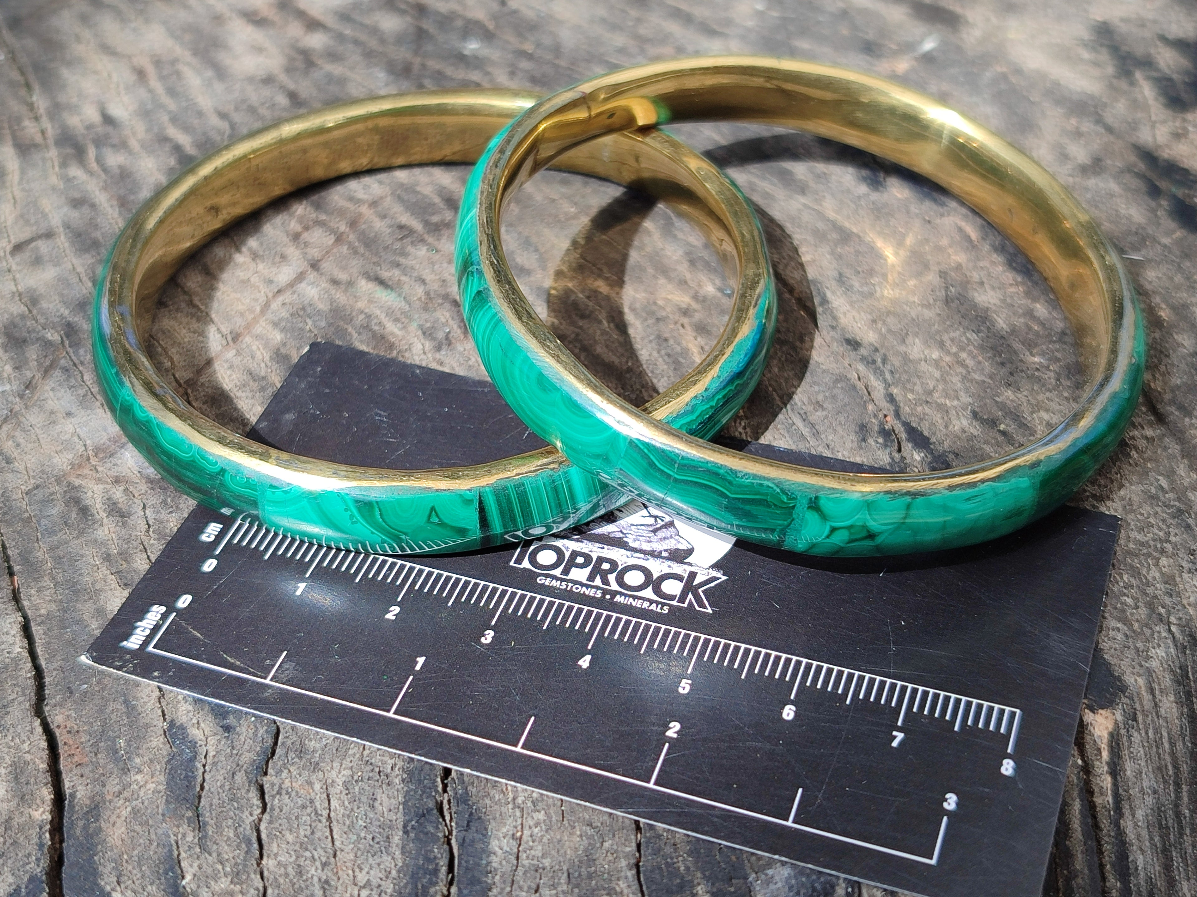 Hand Made Malachite Bangles set in Brass Bases - Sold per piece - From Congo - Toprock Gemstones and Minerals 