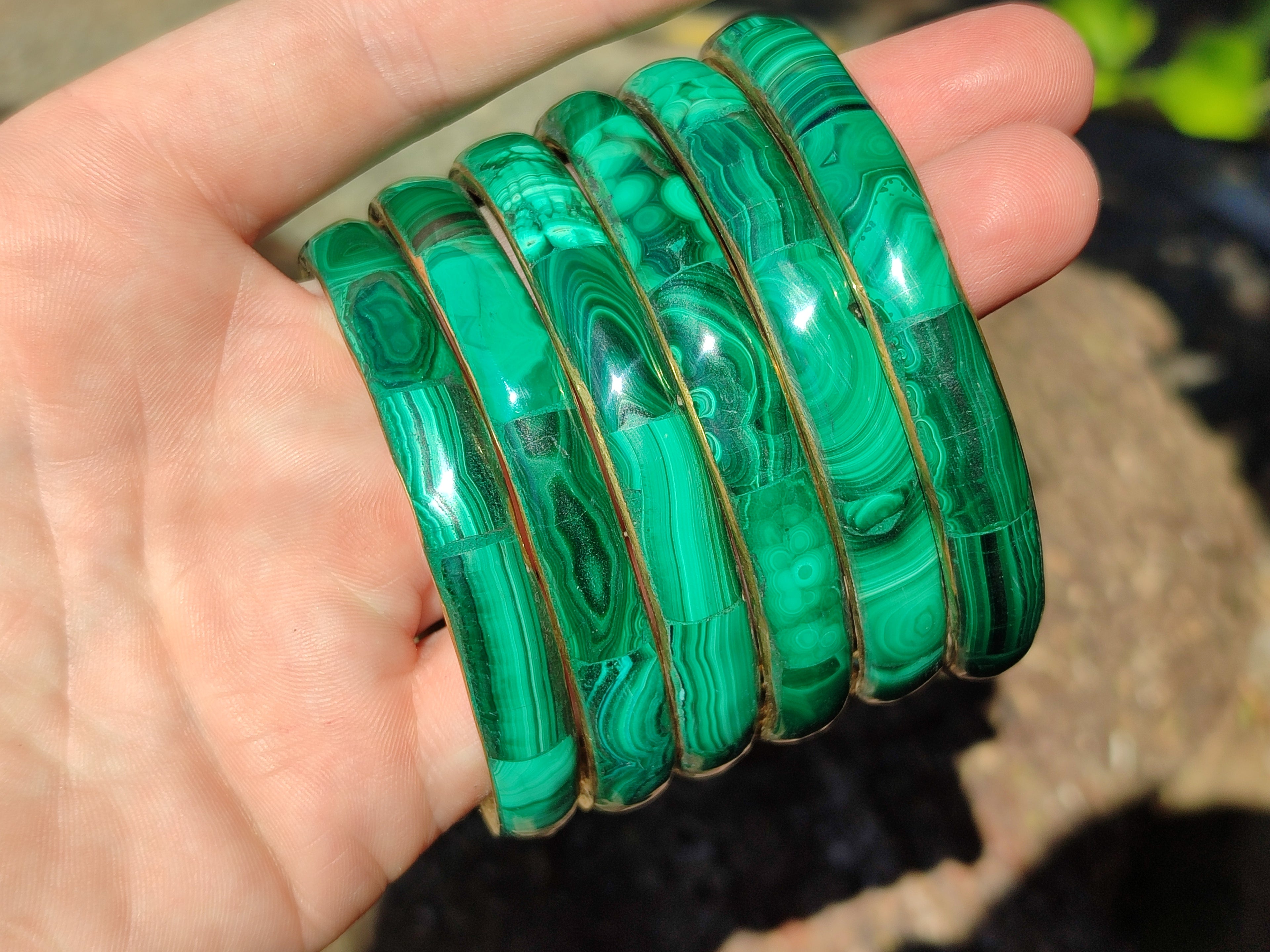 Hand Made Malachite Bangles set in Brass Bases - Sold per piece - From Congo - Toprock Gemstones and Minerals 