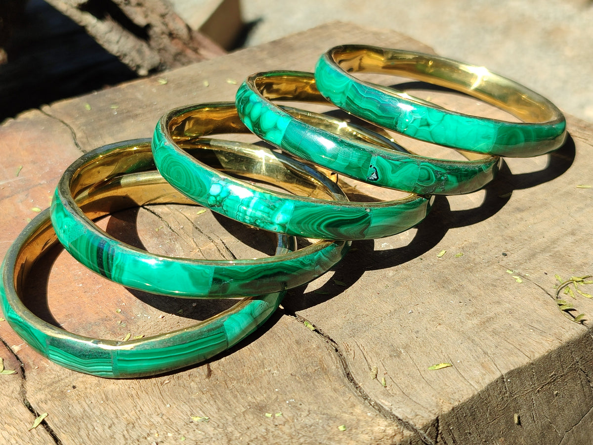Hand Made Malachite Bangles set in Brass Bases - Sold per piece - From Congo - Toprock Gemstones and Minerals 