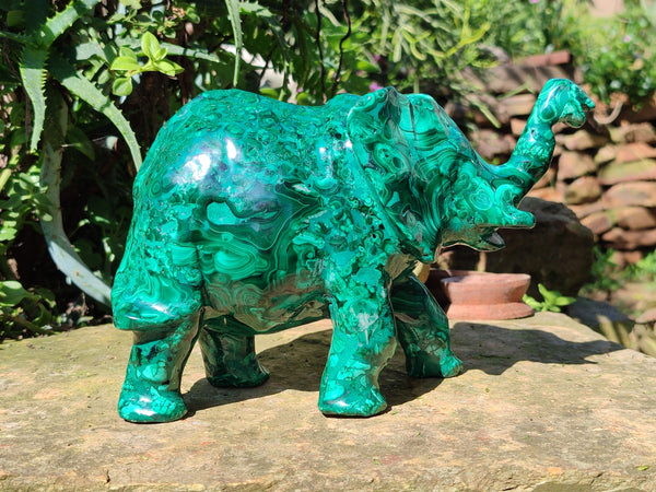 Hand Made Large Flower Banded Malachite Elephant Carving x 1 From Congo