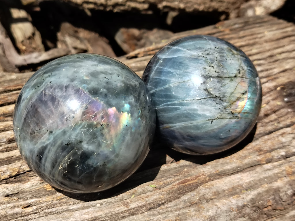 Polished Purple Flash Labradorite Spheres x 2 From Tulear, Madagascar - Toprock Gemstones and Minerals 