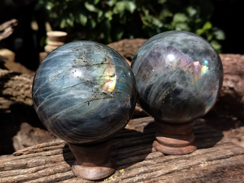 Polished Purple Flash Labradorite Spheres x 2 From Tulear, Madagascar - Toprock Gemstones and Minerals 