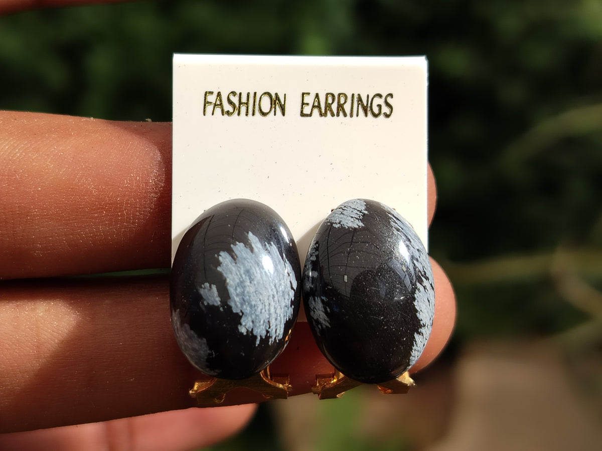 Polished Pair of Snowflake Obsidian Cabochon Clasp Earrings - sold per Pair - From Mexico - Toprock Gemstones and Minerals 