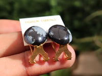 Polished Pair of Snowflake Obsidian Cabochon Clasp Earrings - sold per Pair - From Mexico