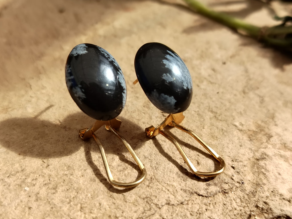 Polished Pair of Snowflake Obsidian Cabochon Clasp Earrings - sold per Pair - From Mexico - Toprock Gemstones and Minerals 