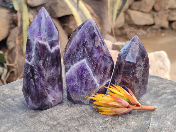 Polished Chevron Amethyst Points x 3 From Zambia