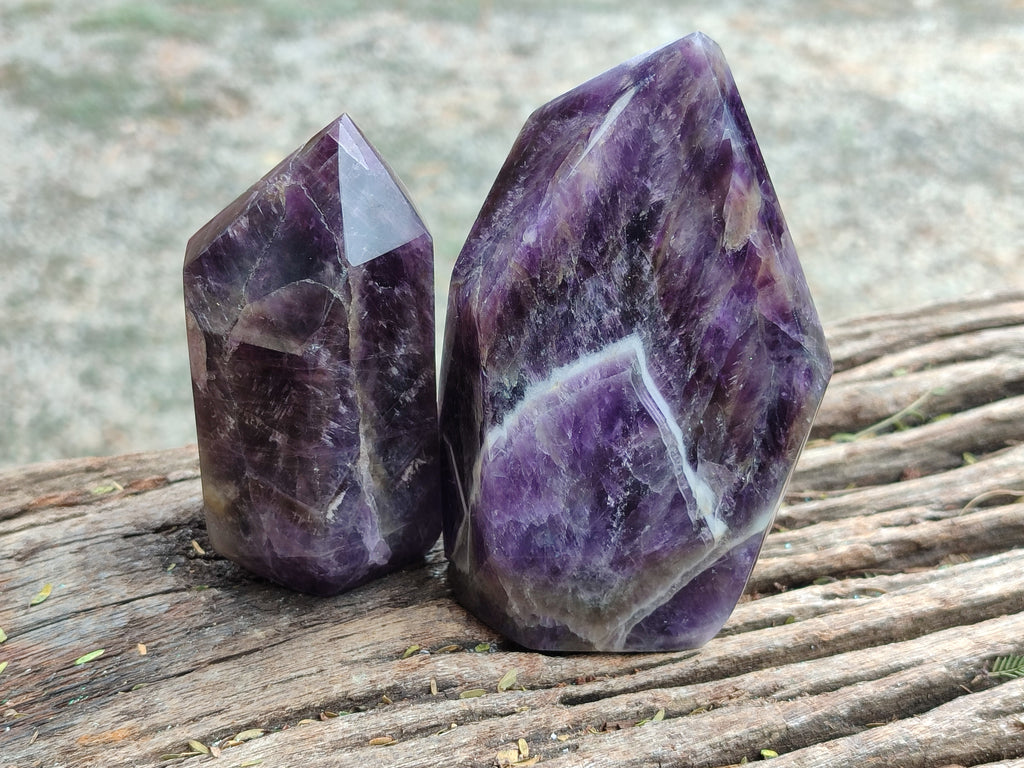 Polished Chevron Amethyst Points x 3 From Zambia - Toprock Gemstones and Minerals 