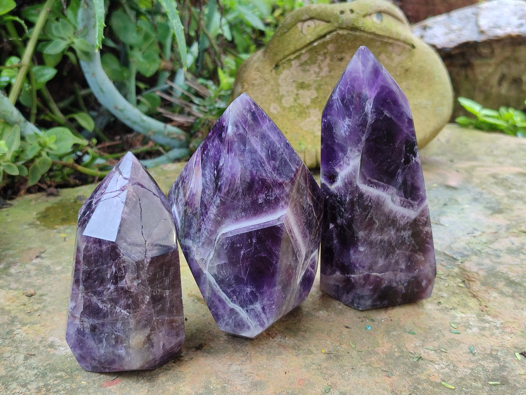 Polished Chevron Amethyst Points x 3 From Zambia - Toprock Gemstones and Minerals 