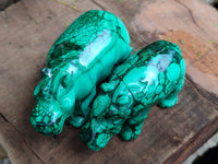 Hand Made Large Flower Banded Malachite Rhino Carving x 2 From Congo