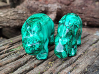 Hand Made Large Flower Banded Malachite Rhino Carving x 2 From Congo