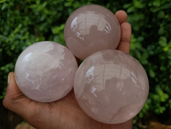 Polished Rose Quartz Spheres with Asterism-Star x 3 From Ambatondrazaka, Madagascar