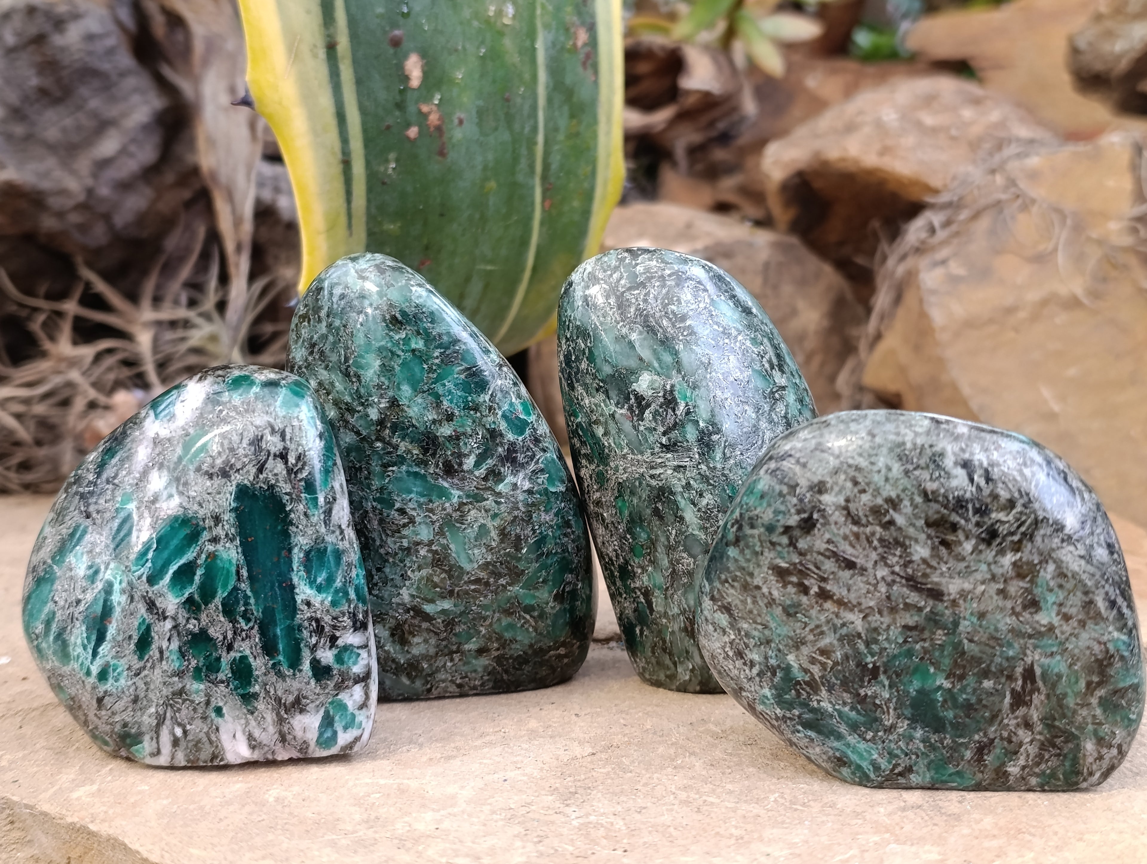Polished Emerald Mica In Matrix Standing Free Forms x 4 From Mutoko, Zimbabwe - Toprock Gemstones and Minerals 