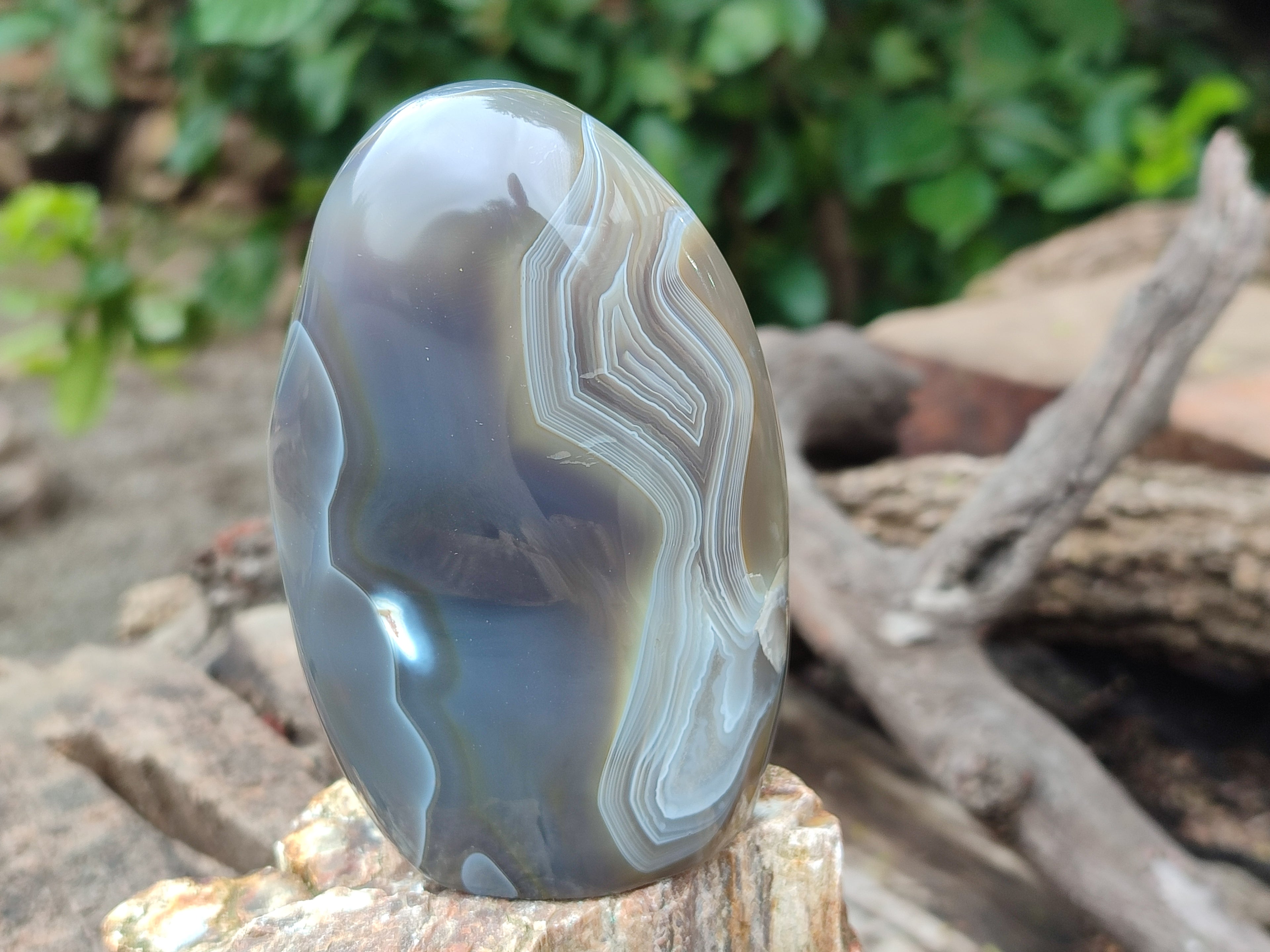 Polished Banded and Snow / Orca Agate Standing Free Forms x 3 From Madagascar - Toprock Gemstones and Minerals 