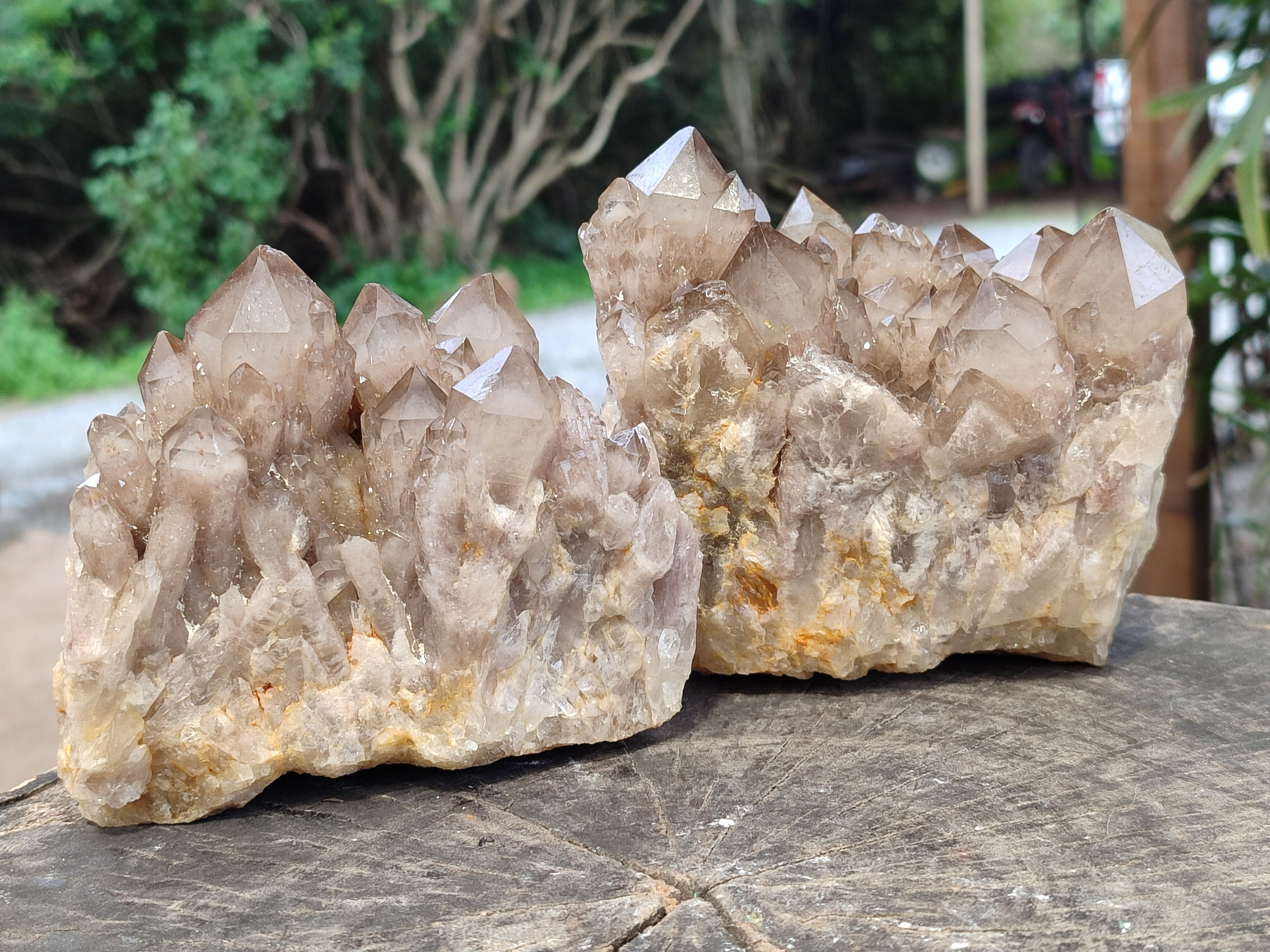 Natural Smokey Phantom Quartz Clusters x 2 From Luena, Congo - Toprock Gemstones and Minerals 