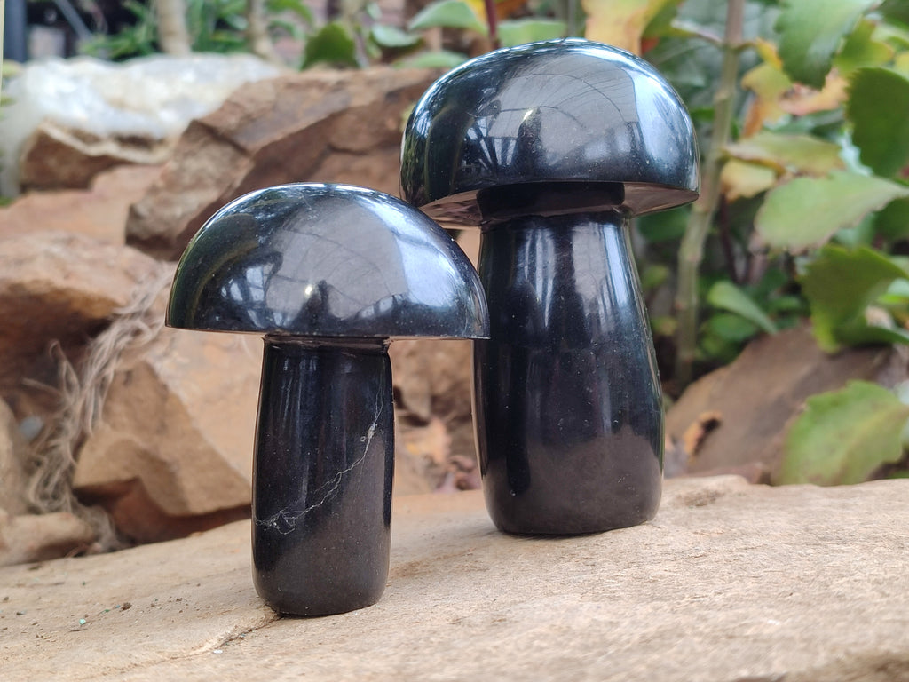 Polished Black Basalt Mushrooms x 6 From Antsirabe, Madagascar - Toprock Gemstones and Minerals 