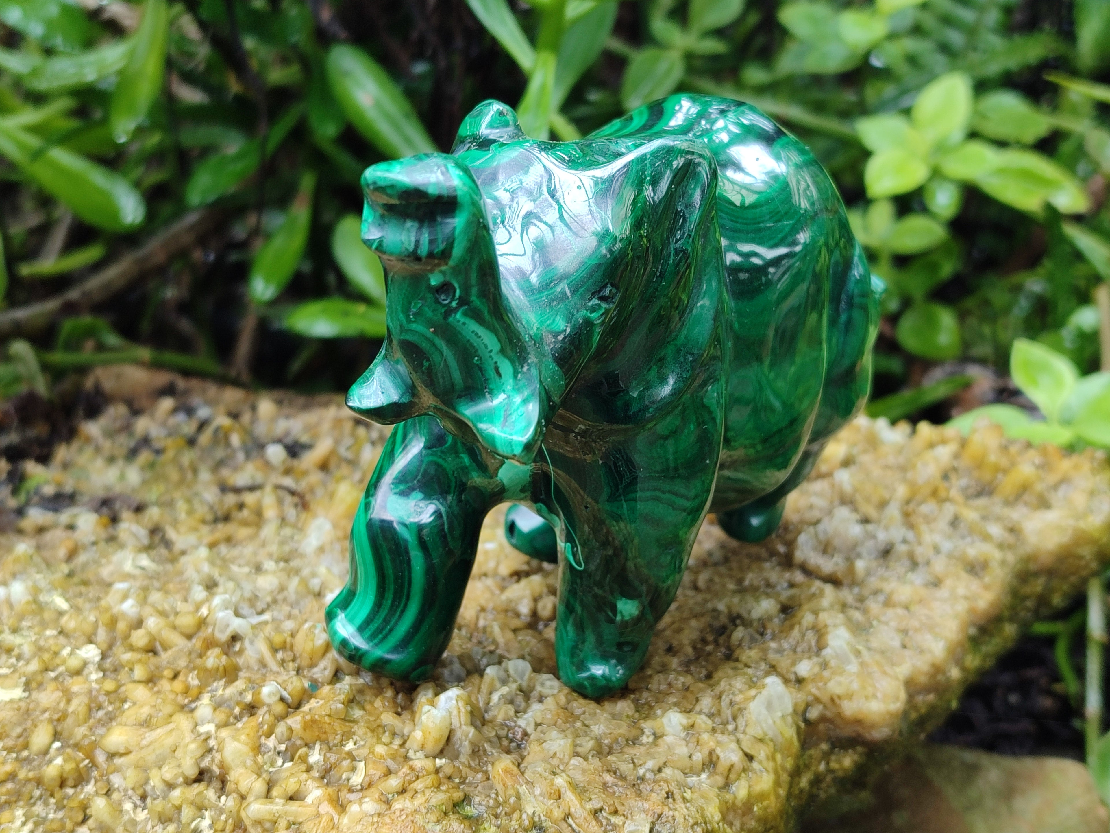 Hand Made Flower Banded Malachite Elephant Carving x 1 From Congo - Toprock Gemstones and Minerals 