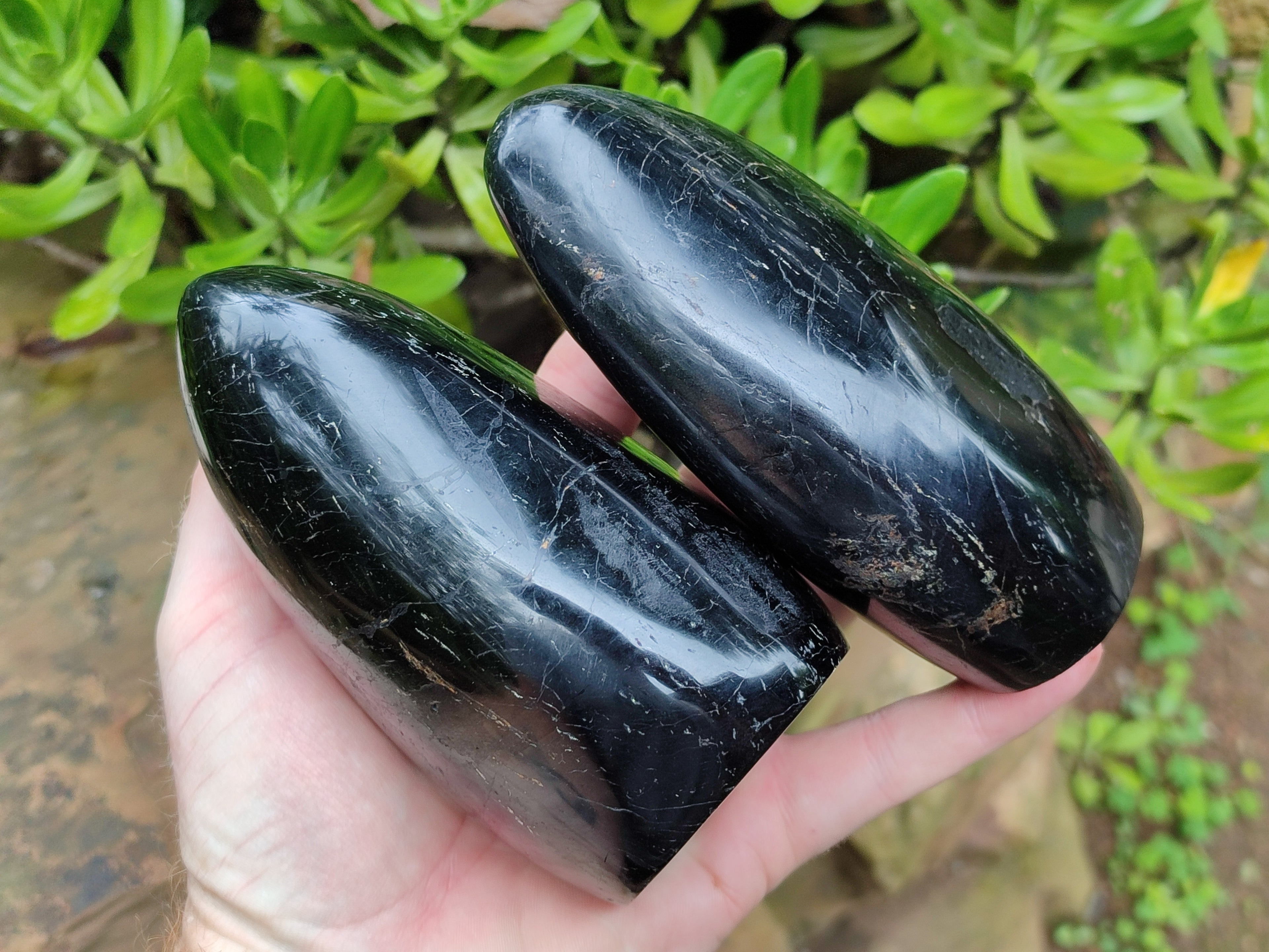 Polished Black Tourmaline Standing Free Form x 2 From Madagascar - Toprock Gemstones and Minerals 