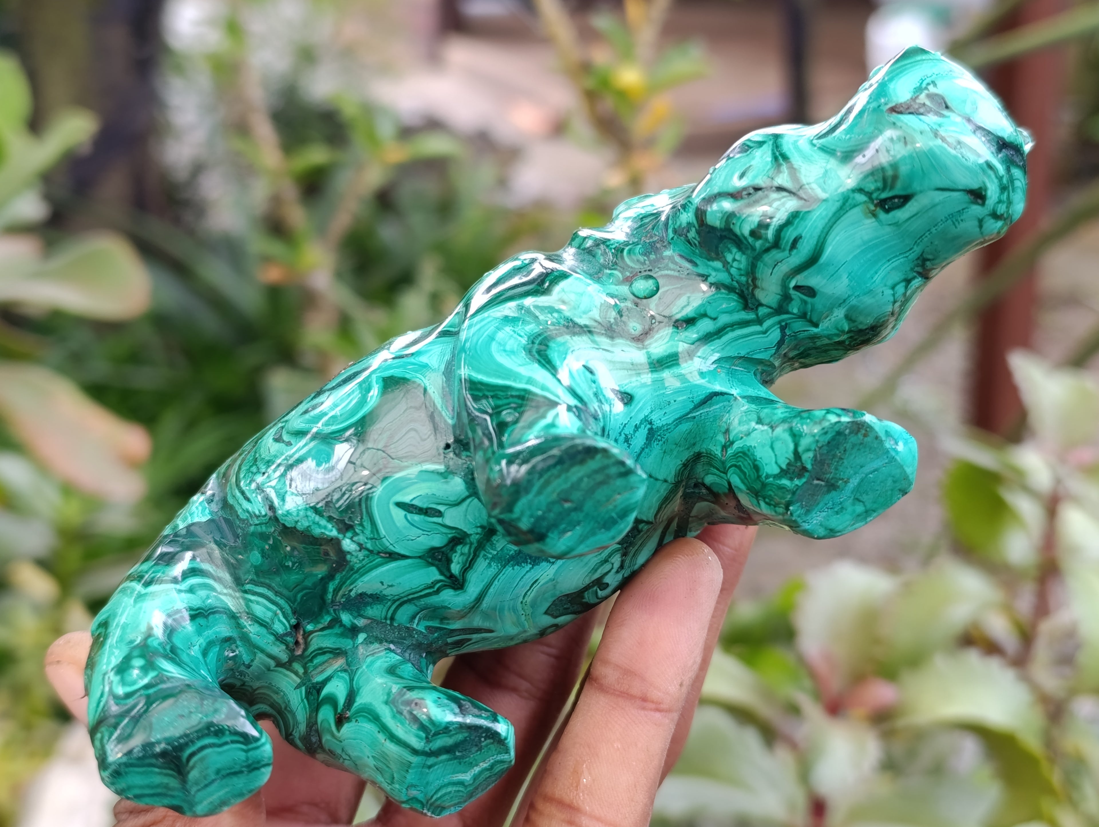 Hand Made Flower Banded Malachite Hippo Carvings x 2 From Congo - Toprock Gemstones and Minerals 
