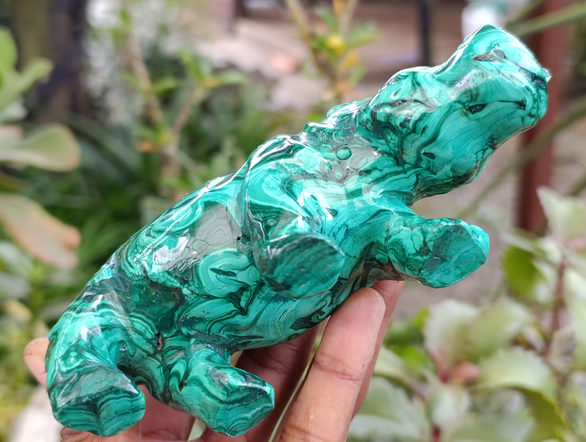 Hand Made Flower Banded Malachite Hippo Carvings x 2 From Congo - Toprock Gemstones and Minerals 