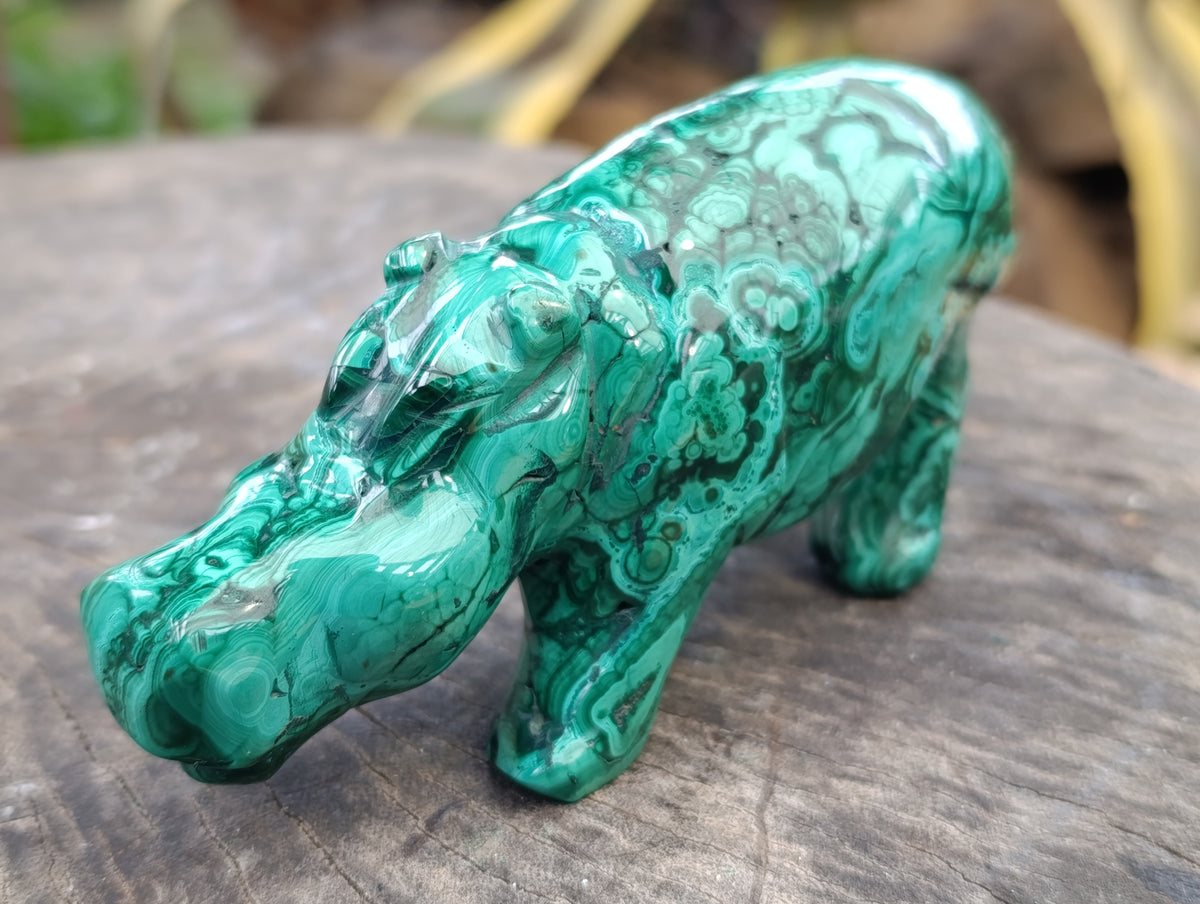 Hand Made Flower Banded Malachite Hippo Carvings x 2 From Congo - Toprock Gemstones and Minerals 