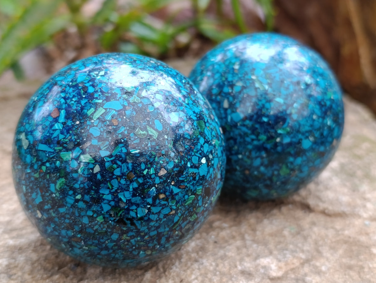 Polished Chrysocolla Conglomerate Spheres x 2 From Congo - Toprock Gemstones and Minerals 