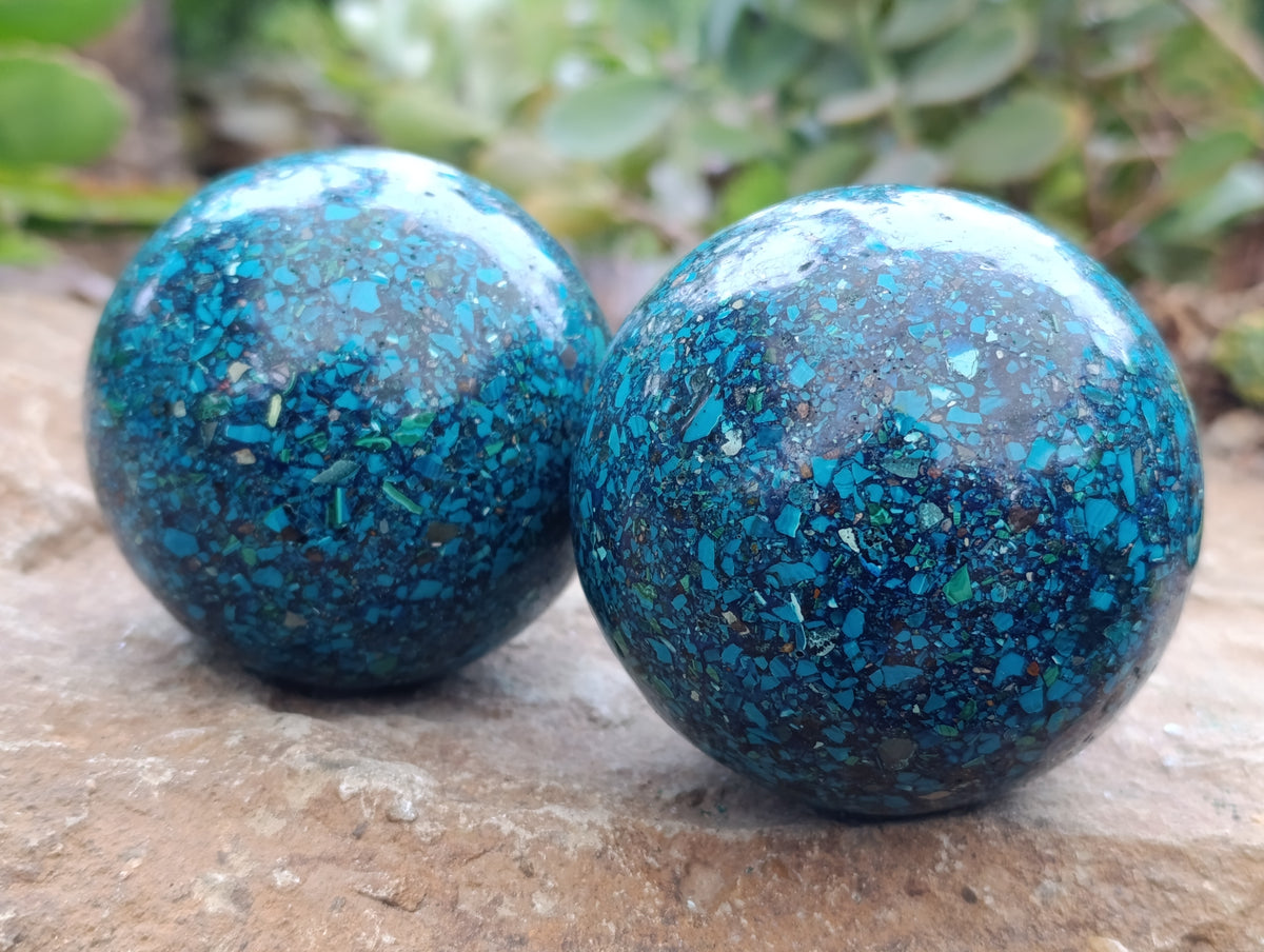 Polished Chrysocolla Conglomerate Spheres x 2 From Congo - Toprock Gemstones and Minerals 