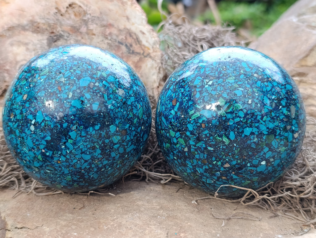Polished Chrysocolla Conglomerate Spheres x 2 From Congo - Toprock Gemstones and Minerals 