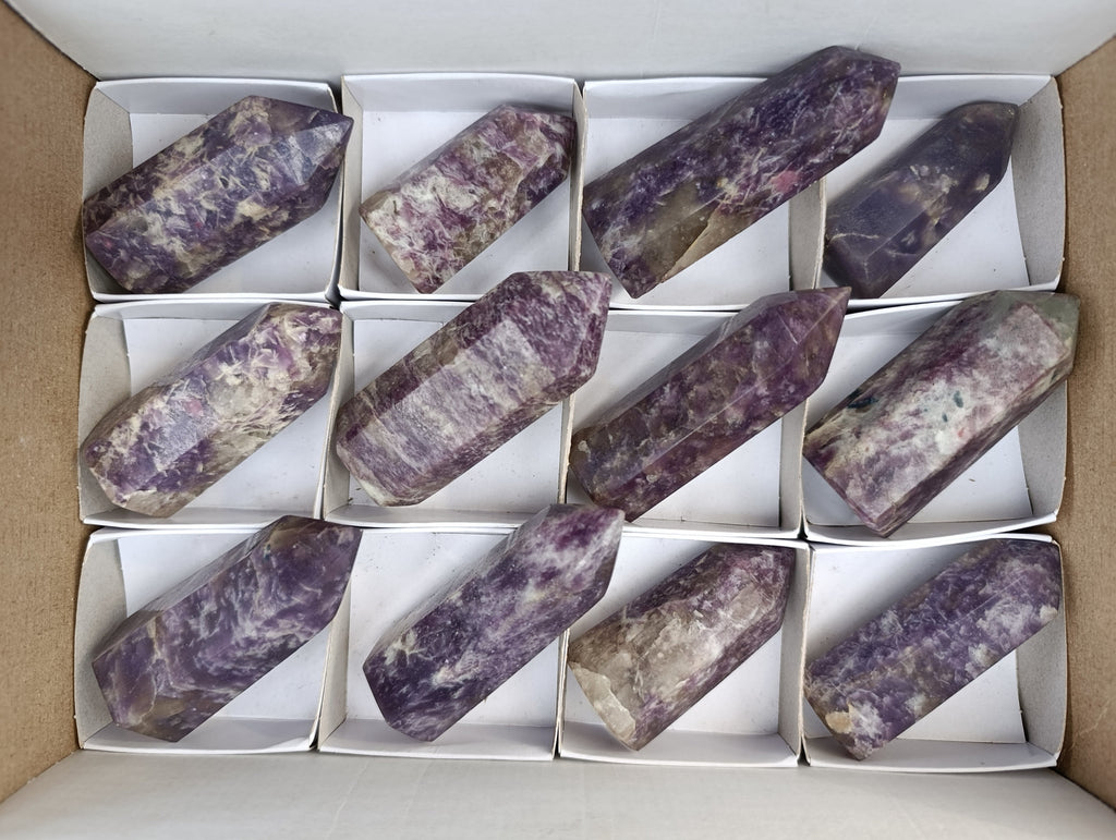 Polished Lepidolite with Pink Rubellite Points x 12 From Ambatondrazaka, Madagascar - Toprock Gemstones and Minerals 