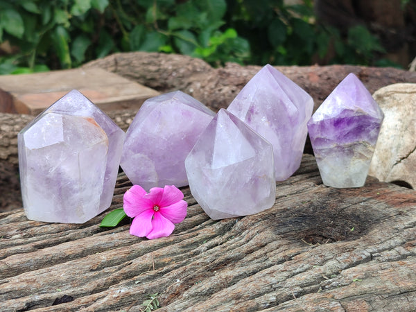 Polished Window Amethyst and Chevron Quartz Crystals x 5 From Akansobe, Madagascar