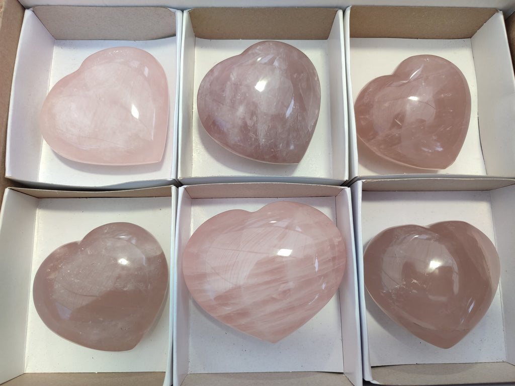 Polished Rose Quartz Hearts x 6 From Ambatondrazaka, Madagascar - Toprock Gemstones and Minerals 
