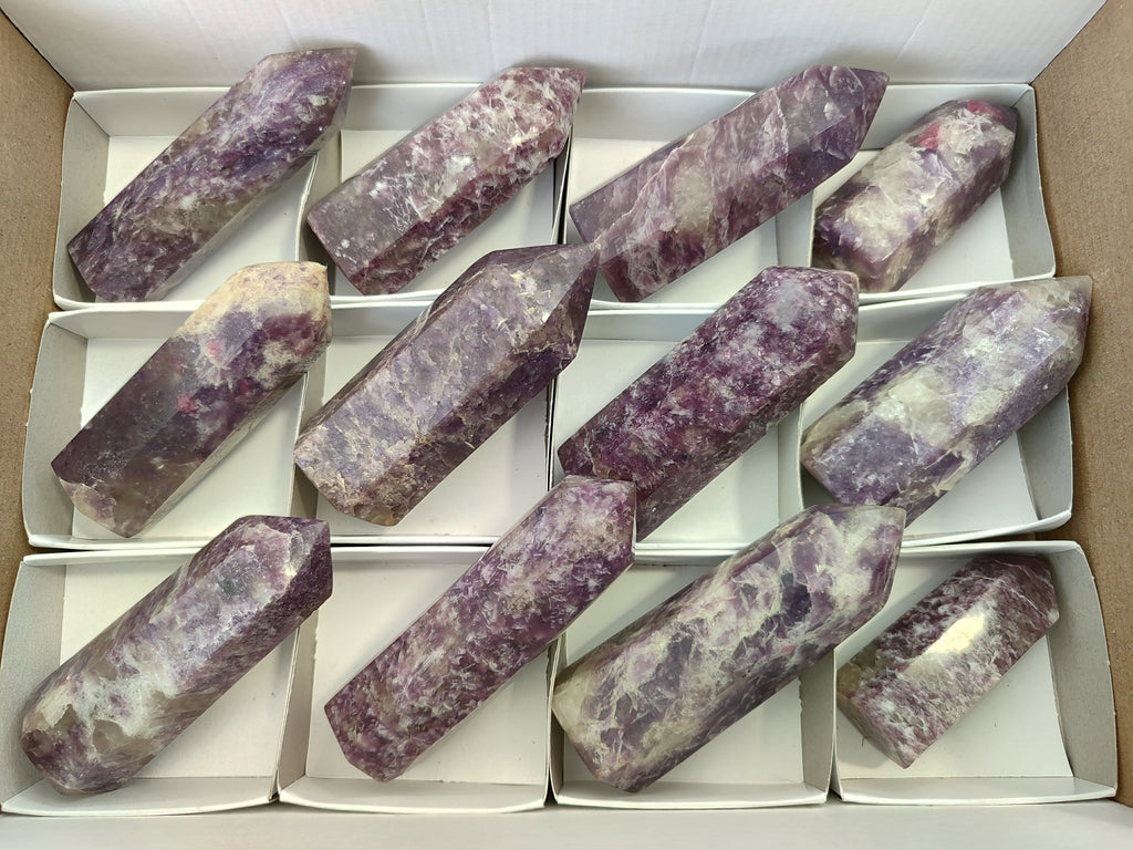 Polished Lepidolite with Pink Rubellite Points x 12 From Ambatondrazaka, Madagascar - Toprock Gemstones and Minerals 