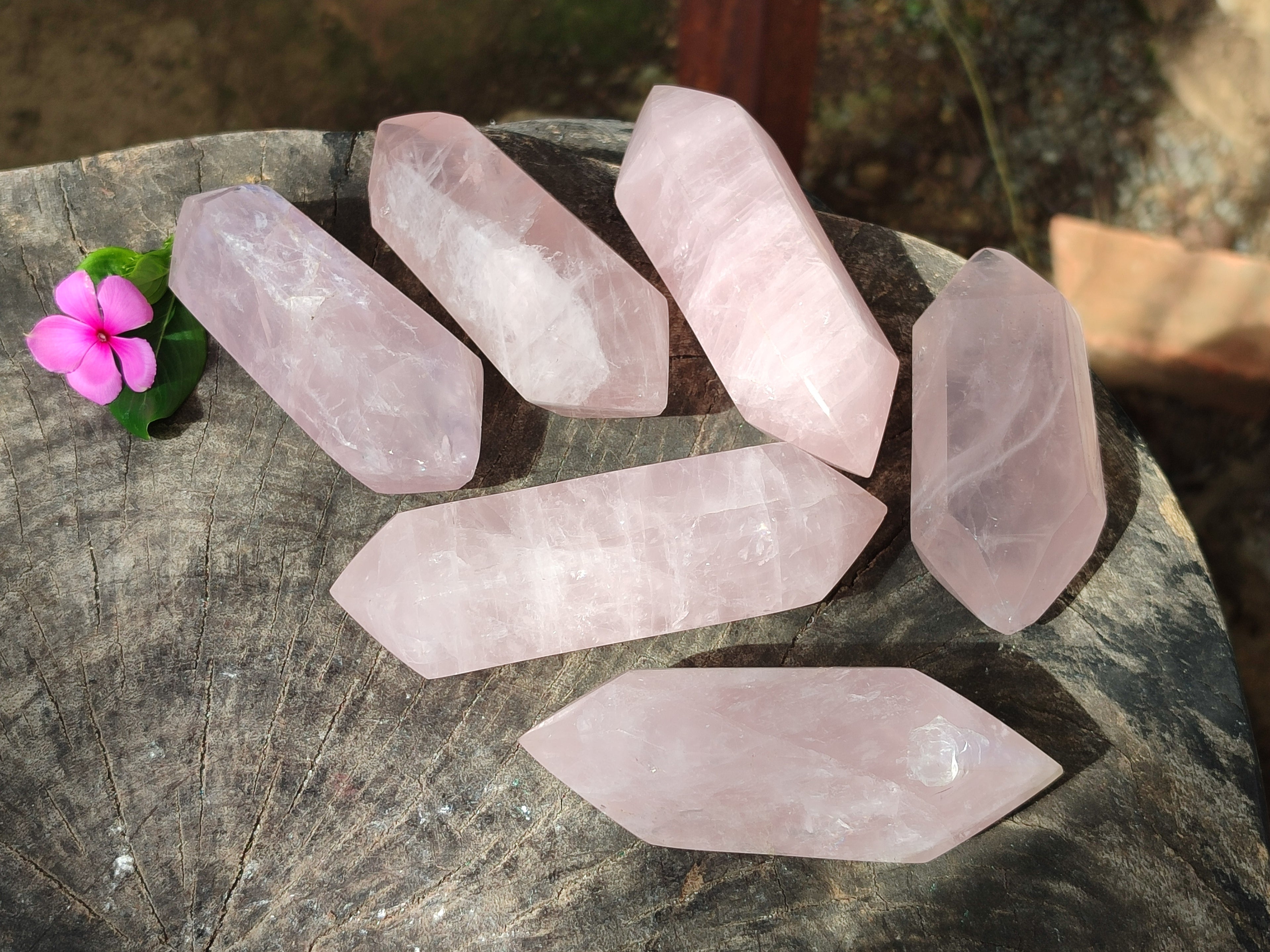 Polished Double Terminated Rose Quartz Points x 6 From Ambatondrazaka, Madagascar - Toprock Gemstones and Minerals 