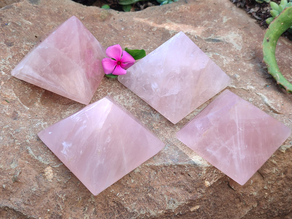 Polished Gemmy Rose Quartz Pyramids x 4 From Madagascar