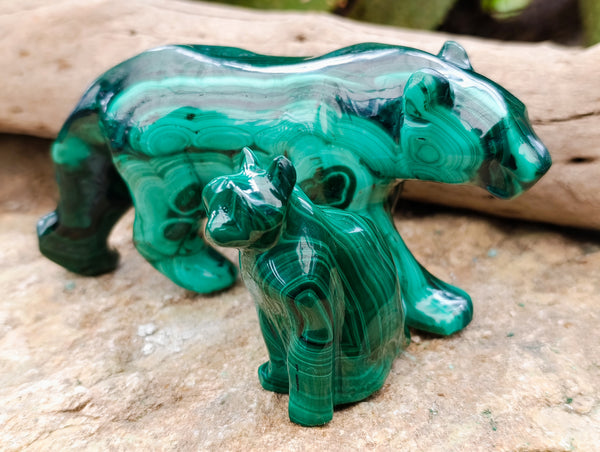 Hand Made Flower Banded Malachite Lion and Cat Carving x 2 From Congo